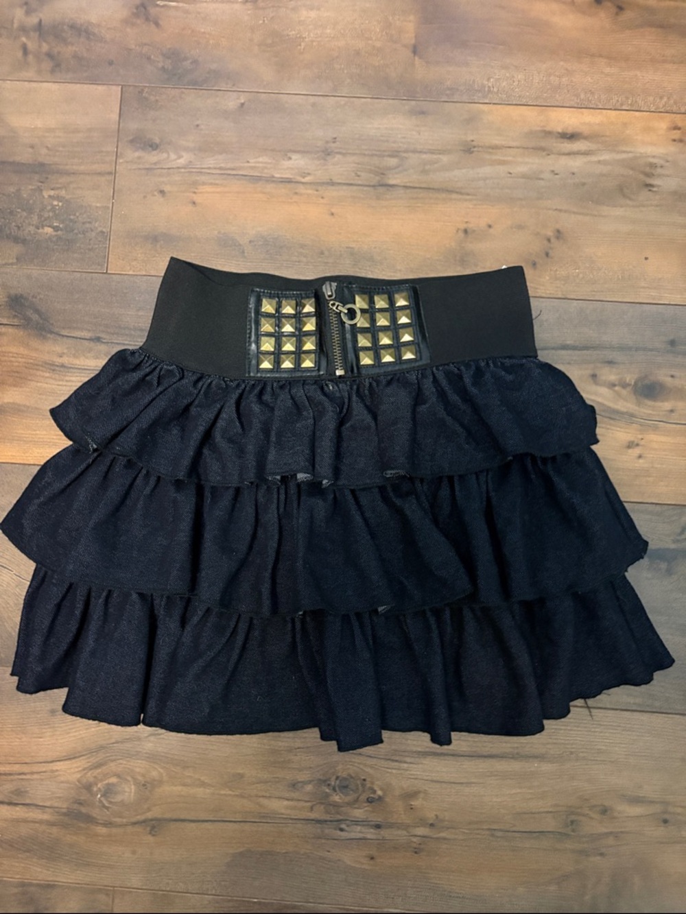 Rachael & Chloe Black Tiered Ruffle Mini Skirt with Studded Waistband